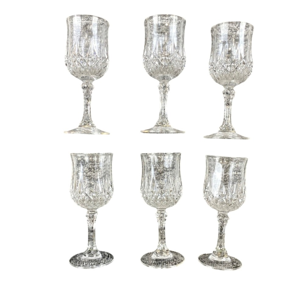 Vintage Set of 6 Clear Cordial Liqueur Glasses Diamond Pattern Faceted Stems